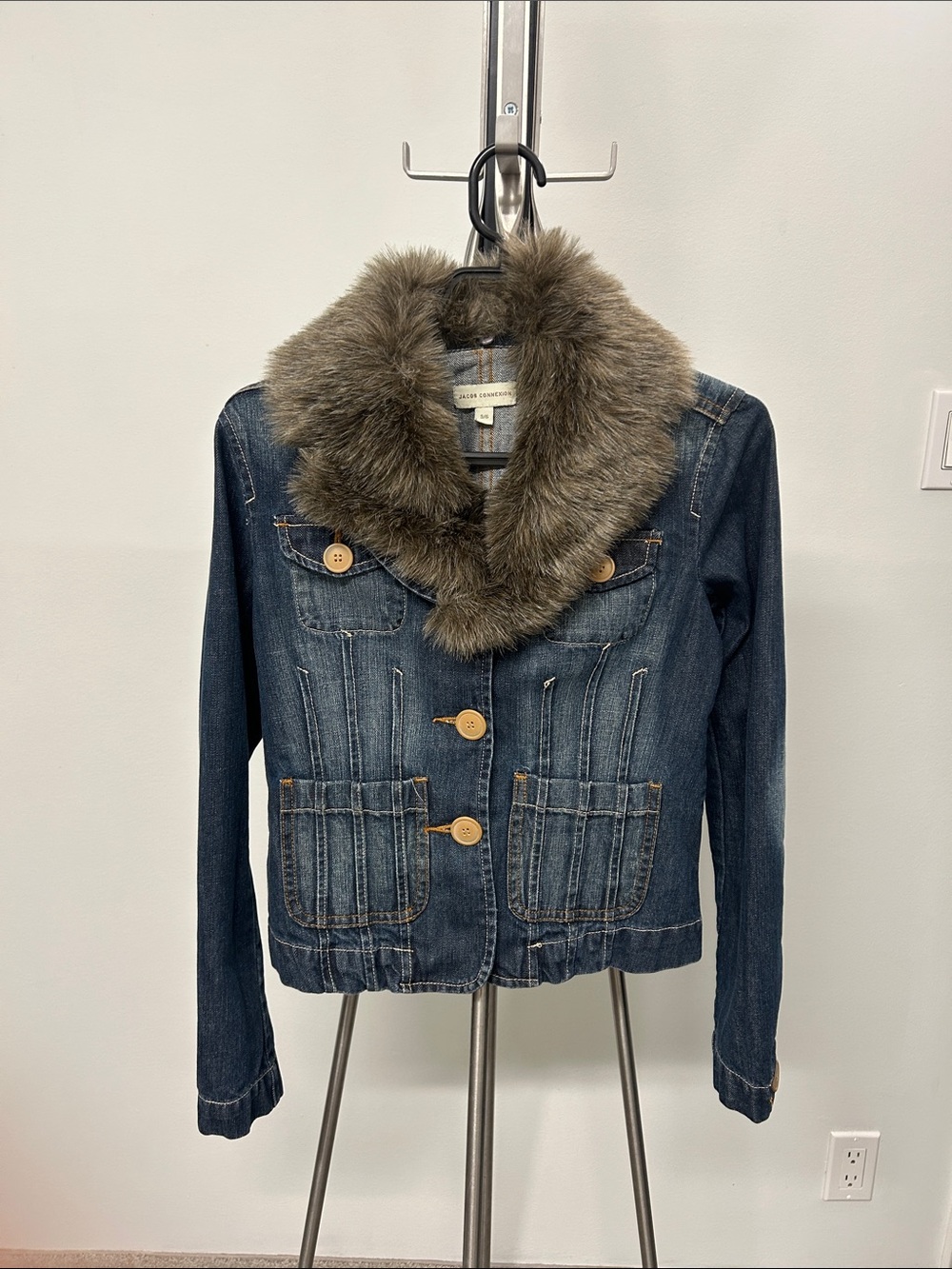 Y2k jacob connexion Denim Jacket with Faux Fur Collar - Dark Blue